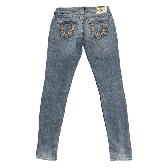 True Religion Womens Skinny Jeans 28 32 Light Wash Distressed Embroidered Blue - Picture 5 of 8